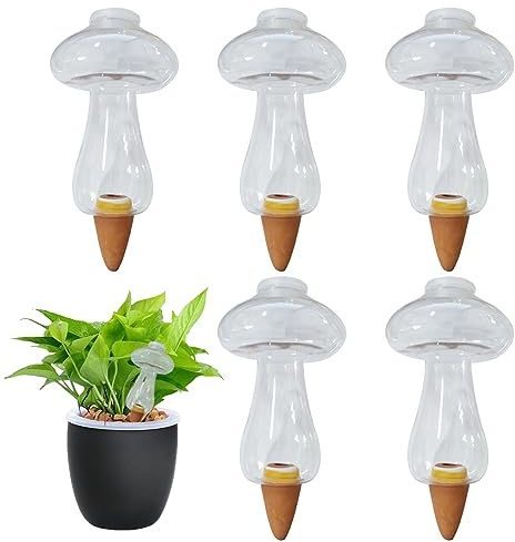 Wasserspender Pflanze 5pcs BewäSserung Pflanzen Urlaub 300ml Pilzform Automatische Wasserspeicher Bewässerung Glühbirne Klar Pflanze Wasserer Selbstbewusstsein für Bewässerung von Terrakotta 5 Tage