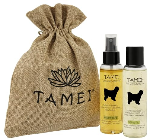 Tamei Geschenkset Fellpflege für Hunde| Shampoo und Fellspray Sensitiv| ohne Parfüm| im Jutebeutel