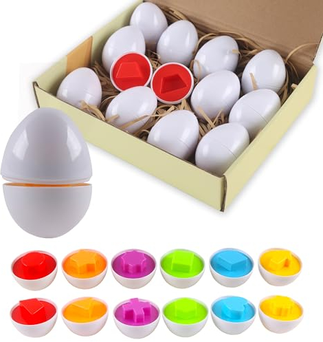 Rshuhx Montessori Toy for Kids, Matching Eggs Toys for Toddlers Shape & Color Recognition Early Learning Educational Montessori Toy Gift Ideal for/Children's Day/Birthday Party(12pcs Shape)