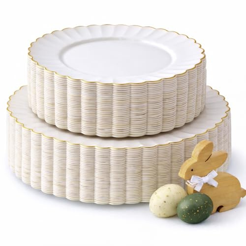 By Madee HEAVYWEIGHT 60 Pc Ivory and Gold Scalloped Plastic Party Plates– 30 Dinner & 30 Dessert Fancy Disposable Plates for Wedding, Showers, Special Moments (30 Guests)
