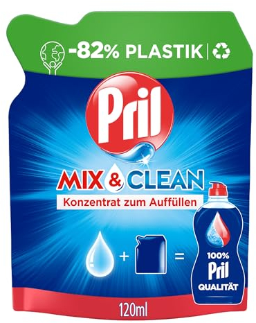 Pril Mix & Clean Konzentrat zum Auffüllen (120 ml), Handgeschirrspülmittel mit höchster Fettlösekraft, für sauberes Geschirr auch in kaltem Wasser, 82% weniger Plastik