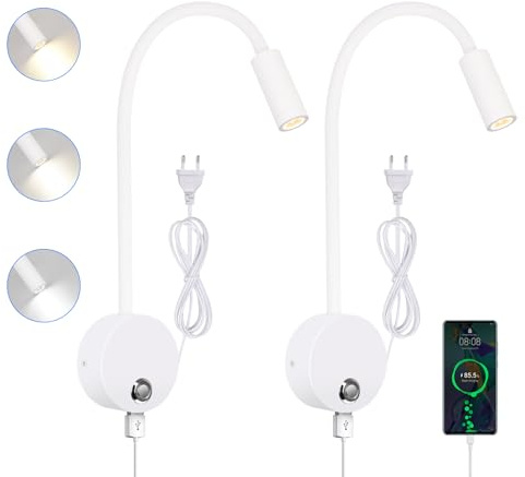 ERWEY LED Leselampe Wand, Bettlampe Wohnmobil Flexible Schwanenhals Lampe mit USB, 2 Stück Leselampe mit Touch Dimmbar 3000K-6000K Einstellbare Helligkeit für Innenbeleuchtung, Weiß