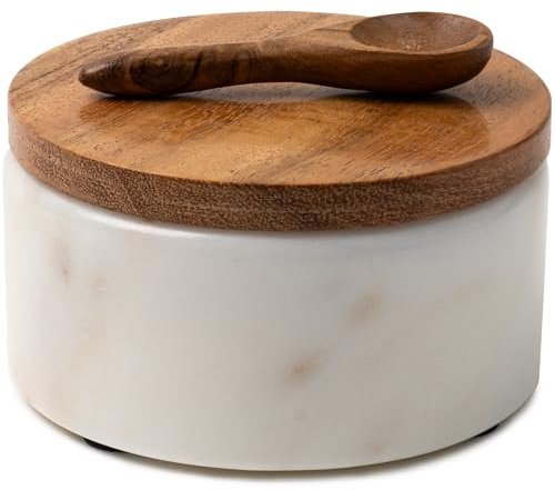 Cork & Mill Marble Salt Cellar with Acacia Wood Lid and Spoon, White