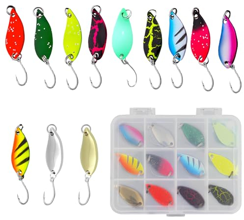 Fishing Forellen Spoon Set,12 Stück Forellenköder Forellen Spinner Forellenblinker Einzelhaken Set,Spoons Forelle Blinker Set mit Spoon Box für Forelle Barsch Hecht Zander