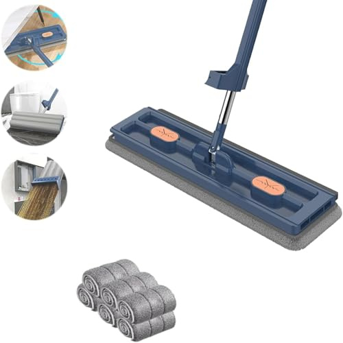 Großer flacher Wischmopp und Eimer Set, Bodenwischer zum Reinigen von Böden, 360° drehbarer Bodenreinigungsmopp mit 6 waschbaren Mikrofaser-Pads, Bodenwischer für Hartboden Trocken Nasswischer