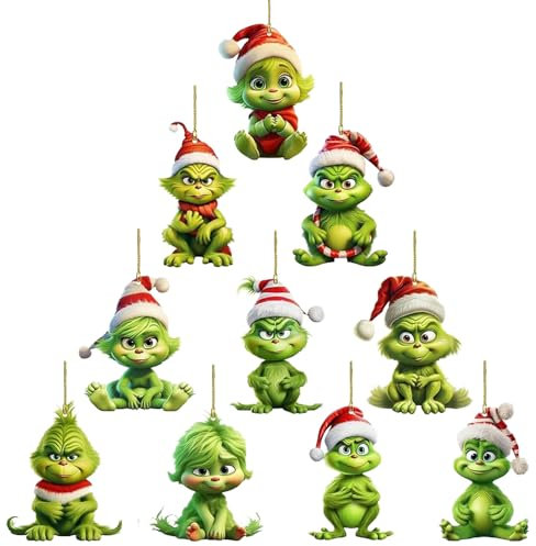 Ayizhiniu 10pcs Grinch Décorations de Noël, Pendentif de Noël en Acrylique, 2D Décoration de Sapin de Noël, Décorations d'arbre de Noël Suspendre, Approprié Decoration Noel