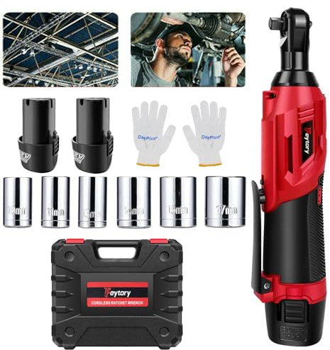 DayPlus Llave de carraca con batería de 3/8, 2300 RPM con 2 baterías de iones de litio de 12 V 1,5 Ah, cargador rápido, 7 tomas para espacios estrechos para reparación de coches, motor, bricolaje,