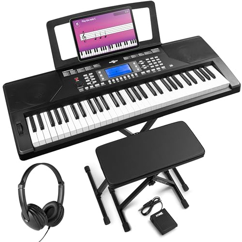 Max Rhapsody61P Clavier Électronique, 61 Touches Sensibles à la Vélocité, avec Casque Audio, Stand, Banc et Pédale de Sustain inclus, Connexion MIDI, Deux Haut-parleurs Intégrés, Molette de Pitch Bend
