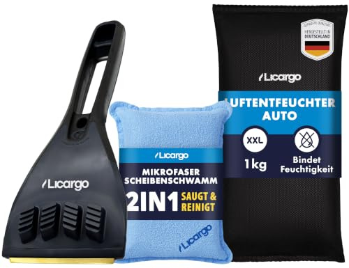 LICARGO Winter Komplett Set - Auto Luftentfeuchter (1kg) - 1x recycelter Eiskratzer - 1x Mikrofaser Scheibenschwamm - gegen beschlagene Autoscheiben - wiederverwendbarer Innenraum Luftentfeuchter