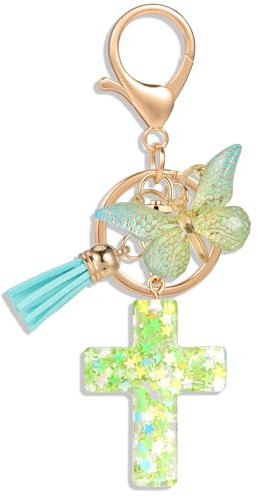 MWOOT Croix Porte Clés Chrétien Bible Porte Clés Sac à dos Charmes de sac à main pour Femmes Filles, Papillon Pendentif Porte clés, Vert