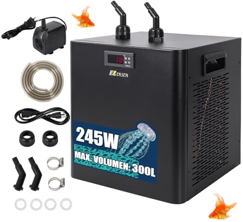 Ezcasch 300L Wasserkühler Aquarium 245W Aquarium Kühler,Kühlsysteme für Fischbecken Aquaponic Garnelen Axolotl inkl. Schlauch und Haltering