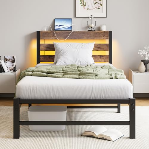 VERFARM Struttura letto 90 x 200 cm con LED, letto in metallo con stazione di ricarica USB e testiera in legno con vano portaoggetti, letto singolo per ragazzi con rete a doghe in metallo, facile da
