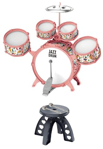 JunZheHub Batería Infantil Kit de Tambor para Niños Instrumento Musical Percusión Educativo PVC con Silla Estimula Adecuado para Fiestas Reuniones de, Rosa