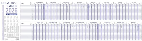 Zettler Urlaubsplaner 16 Mon 2026 – Wandkalender 100 × 30 cm, 16 Monate auf 1 Seite (Dez. Vorjahr – März Folgejahr), für 25 Mitarbeiter, Wochenzählung, Ferientermine, Sonn- & Feiertage, gefalzt, FSC