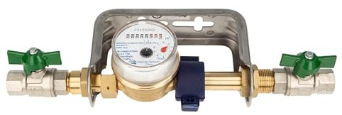 Einstrahlzähler ETK Kombi-Set (Kaltwasser) bis 30 Grad Länge 80 mm, inkl. Bügel Edelstahl, Kugelhähne 1/2 Zoll, Plombierschelle