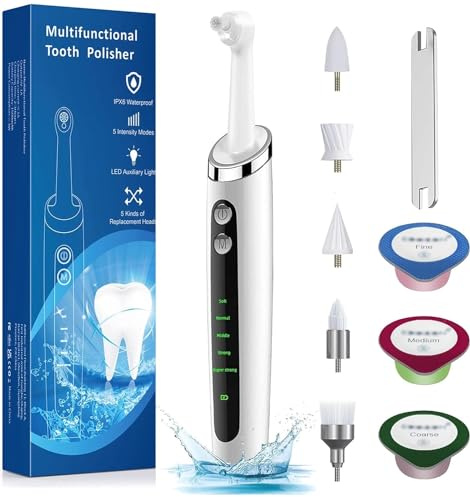 Tooth Polisher Stain Plaque Remover for Teeth, Teeth Stain Remover Teeth Cleaning Plaque Stain Removal whitening Yellow Teeth with 5 Modes, Tooth Stain Remover with 5 Heads & 3 Toothpaste