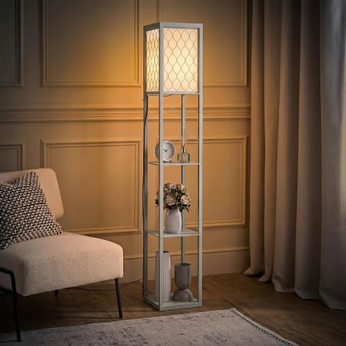 HOMCOM Floor Lamp with Shelves Tall Standing Lamp Single Light Grey | Modern, Fabric Lampshade, Chain Switch, for Living Room Bedroom, Bulb not Included