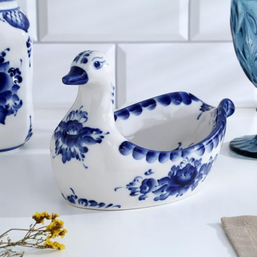 Repose-louche en porcelaine « canard », motif floral bleu peint à la main, passe au lave-vaisselle, accessoire de cuisine, céramique blanche, art russe traditionnel, Тареса сти сти