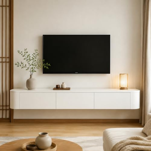Hängendes TV Lowboard 180 cm Weiß, Modern TV Schrank mit Stauraum Kabelmanagement