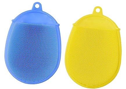 Silikon Duschbürste 2 Stück Packung für Kinder und Neugeborene Gelb Blau | Peeling und Massage, mit Aufhänge Schlaufe, Starke Reinigung, für Bad und Spa