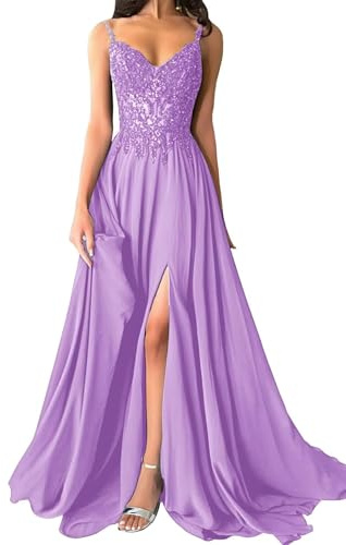 Damen Chiffon Ballkleider Lang V-Ausschnitt Spitzenapplikationen Brautjungfernkleid A-Linie Abendkleider mit Schlitz