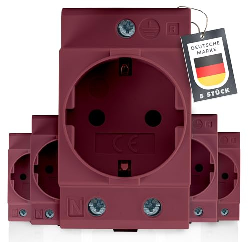 Schuko Steckdose [GS16] für Hutschiene 16A 230V 2P+E – 5er Pack Dunkelrot – Schutzkontaktsteckdose für 35 mm DIN-Hutschiene – Einbausteckdose für Verteiler- & Schaltschrank
