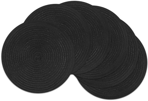 SHACOS Platzset Rund Geflochten Tischset 6er Set Runde Platzsets Abwaschbar, Tischsets Platzsets Rund Ø 33cm Runde Tischmatten Platzdeckchen Hitzebeständig Schmutzabweisend, Schwarz
