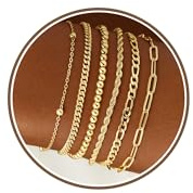 TINGN 6 Stück Goldene Armbänder Set für Damen Wasserdichte 14 Karätig Vergoldete Schmucksets Zierliches Stapelbares Armbandset mit Kubanischen Gliederketten und Büroklammern Geschenk für Frauen