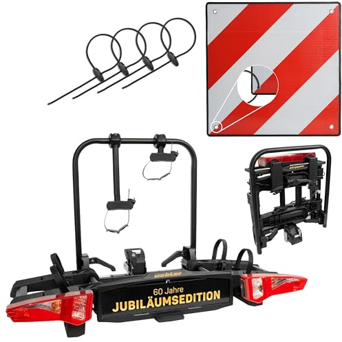 Uebler Fahrradträger i21 Z 60° Jubiläumsedition für 2 Fahrräder Auto Kupplungsträger klappbar E-Bike MTB inklusive reflektierende Warntafel 50x50cm + 4 Spanngummis