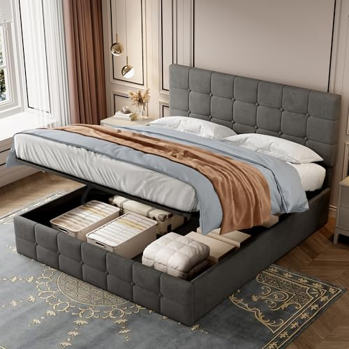 Mrwoo 4ft6 Upholstered Bed Frame, Double Bed with Adjustable Button Tufted Headboard, Ottoman Bed with Hydraulic Storage, Metal-Wood Support, 135x190 cm, Velvet, Grey, (No Mattress)