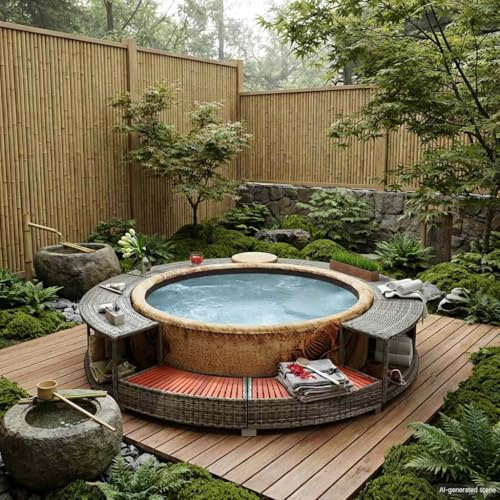 Runheo Ribete para bañera de hidromasaje de ratán gris con espacio de almacenamiento y estructura de acero resistente, madera de eucalipto tropical, diámetro exterior de 283 cm, para piscinas, jacuzzi