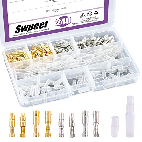 Swpeet Kit de 240 connecteurs en forme de balle, 3,9 mm en laiton mâle et femelle avec couvercle d'isolation pour moto, scooter, voiture, camion avec manchon d'isolation
