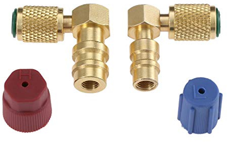 Aupoko R12 vers R134A Adaptateur de Conversion de Port de Raccord A/C élevé/bas Adaptateur de Conversion, Valve de Coupleur Rapide 90° Raccord 3/8 Haut 7/16 Bas avec 2pc Capuchons | Raccord rapide A/C 90° côté haut 1 cm et côté bas 1,1 cm R-12 vers R-134A adaptateur avec 2 capuchons