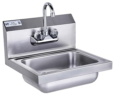 HALLY Stainless Steel Sink for Washing with Faucet, NSF Commercial Wall Mount Hand Basin for Restaurant, Kitchen and Home, 17 x 15 Inches