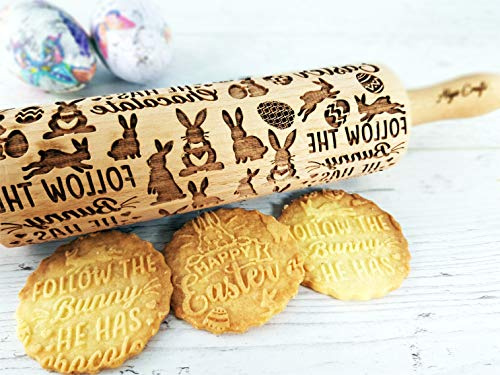 Mattarello Decorativo per Biscotti BUONA PASQUA | Mattarello Inciso | Rullo per Biscotti e per Modellare | Mattarello Legno Goffrato di Algis Crafts