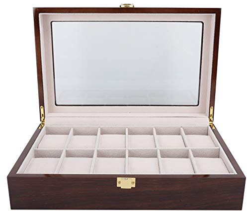 Cikonielf Uhrenbox Holz Uhrenkasten 12 Slot Schmuckkollektion Organizer Uhrenkasten mit Glasdeckel, Aufbewahrungsbox für Uhren