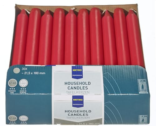 METRO Professional Velas alargadas, 30 uds., parafina, Ø 21.5 x 180 mm, combustión aprox. 6h, para hogar y gastronomía, rojas