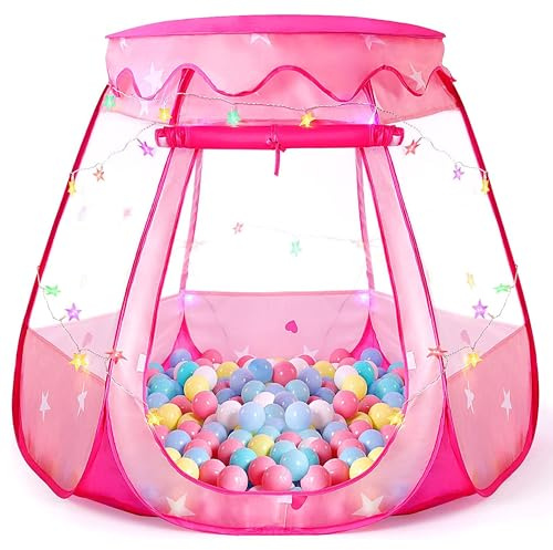 Pop Up Princess Tent with Colorful Star Lights for 1 2 3 Year Old Birthday Gift, 12-18 Months Baby Girl Toys, Foldable Ball Pit with Carrying Bag, Indoor&Outdoor Play Tent for Kids