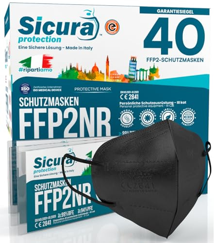 40 Masques FFP2 Certifié CE Noir Fabriqué en Italie BFE ≥99% | Sanitized Masque FFP2 italien scellé individuellement EN 149:2001+A1:2009