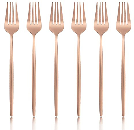 JANKNG 6Pcs Rose Gold Dinner Forks 18/0 Stainless Steel Forks Set for Home Kitchen and Restaurant, Copper Satin Finished, Dishwasher Safe (8.46-Inch, SeT Of 6)