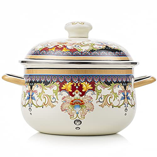 Retro Flower Enamel Stockpot with Lid,Stockpots for Cooking (5L-Mysterious Flower)