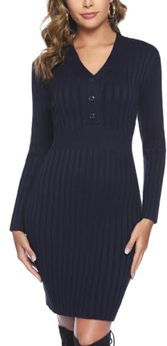 Wayleb Vestido de Punto Mujer Invierno Cuello V Suéter Largo Básico Otoño Invierno Elegante Vestido de Suéter Midi con Manga Larga Vestidos de Jersey para Oficina Fiesta