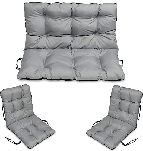 SuperKissen24. Cojín Poliéster para Banco Exterior 100x50x60 + 2X 48x96 cm Asiento Cómodo e Impermeable para Bancos y Columpios de Jardín, Terraza - Gris