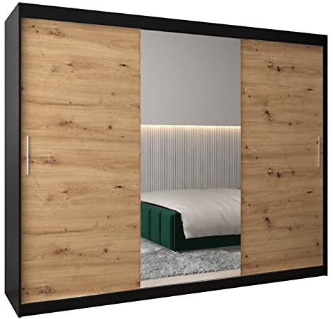 MEBLE KRYSPOL Kleiderschrank mit Spiegel Tokyo 1 - Garderobenschrank - Schrank Schlafzimmer - Mehrzweckschrank DREI Schiebetüren - Regalen - Flur Möbel - Kleiderstange Schrank - Allzweckschrank