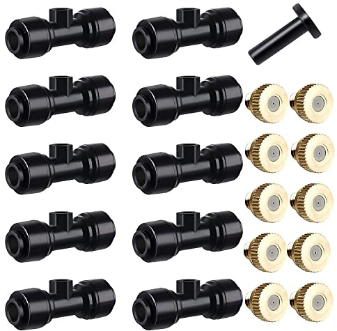 HUAZIZ T-Stück Wasserrohr Verbinder mit Messing Nebeldüsen Bewässerungssystem Sprayer Sprinkler Sprühdüse T-Steckverbinder Kühlsystem Outdoor Misting System