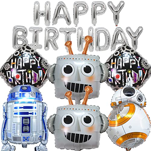 HGSHUO Globos para Fiesta Robot Cumpleaños Decoracion Globos Foil Happy Birthday Banner Fiesta de Cumpleaños Baby Shower 7 Piezas