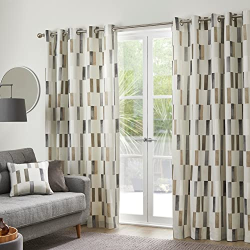 Fusion Natural Geometric Tile Curtains – W228 x L228cm – 2 Panels – 100% Cotton – Eyelet – Soundproof Drapes for Bedroom & Living Room – Neutral Home Decor