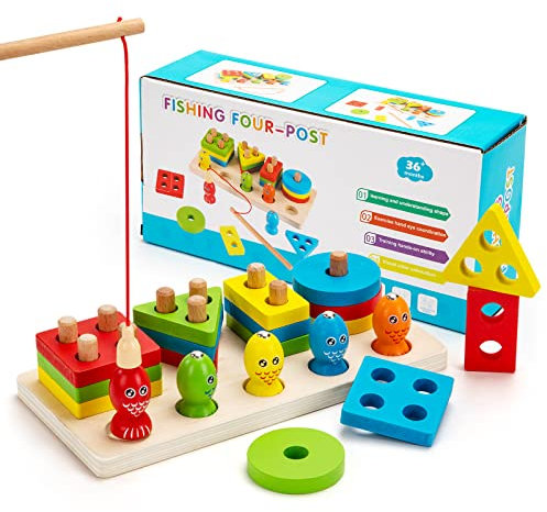 Wisplye Stapelspielzeug, Farben und Formen Puzzle-Stapler, Montessori Block Fädelspiel Angelspiel Puzzles für 1 2 3 Jungen Mädchen, Geschenk zum Geburtstag Kindertag Weihnachten