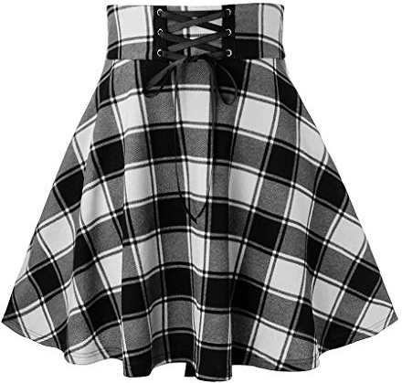 Damen Beiläufig Elastische Taille A Linie Mini Rock Kariert Basic Uniform Skater Faltenrock Knielänge Karneval Kostüm Fasching Party Kleid