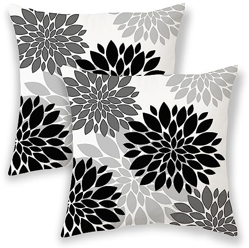 BETGINY Schwarze Kissenbezüge, 45,7 x 45,7 cm, 2 Stück, graue geometrische Dahlie, dekorative Wurfkissen, Sommergraue Blume, Outdoor-Dekoration, Kissenbezug, Leinen, quadratisch, Geschenk für Auto,